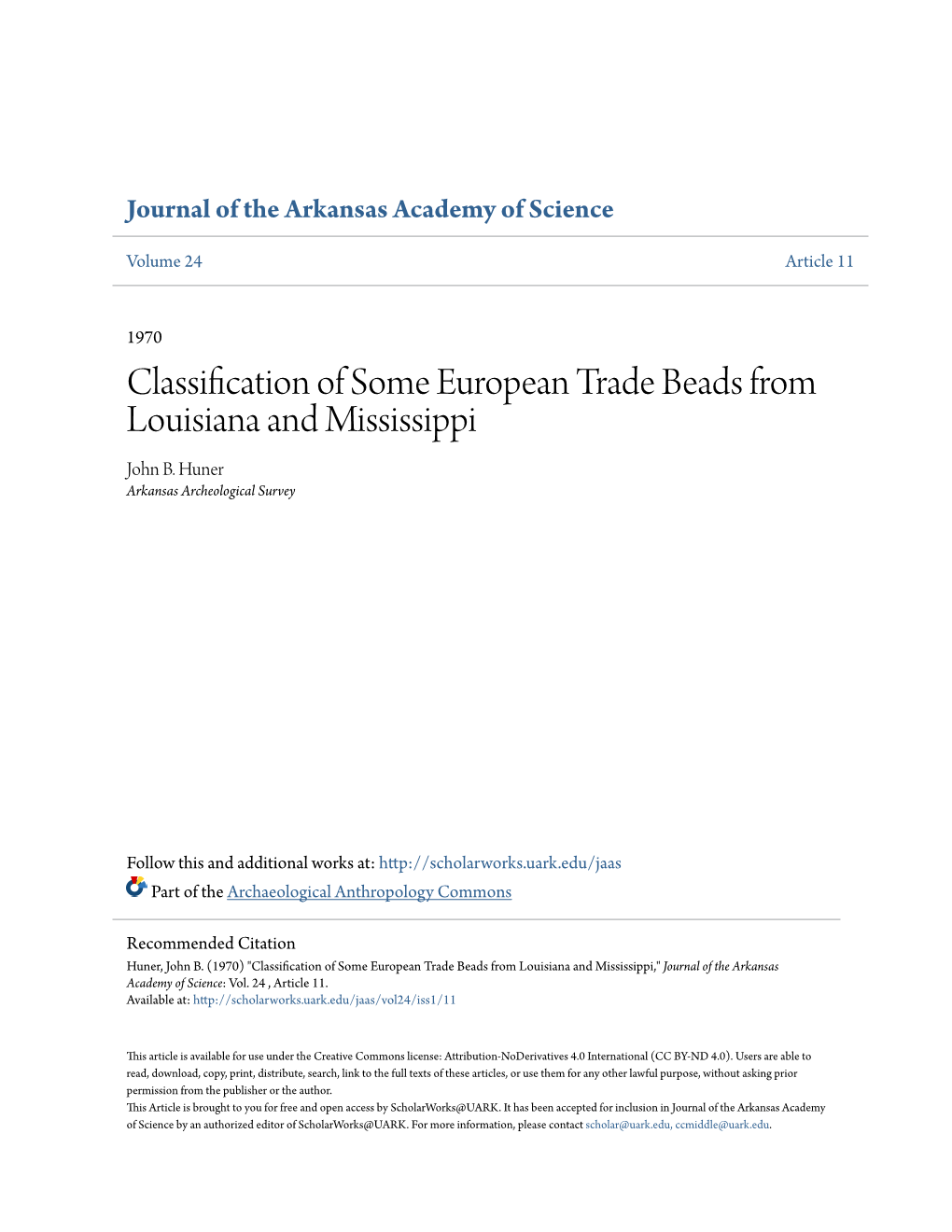 Classification of Some European Trade Beads from Louisiana and Mississippi John B