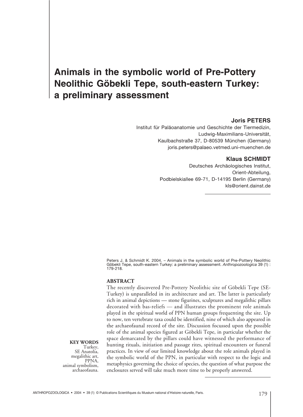 Animals in the Symbolic World of Pre-Pottery Neolithic Göbekli Tepe, South-Eastern Turkey: a Preliminary Assessment