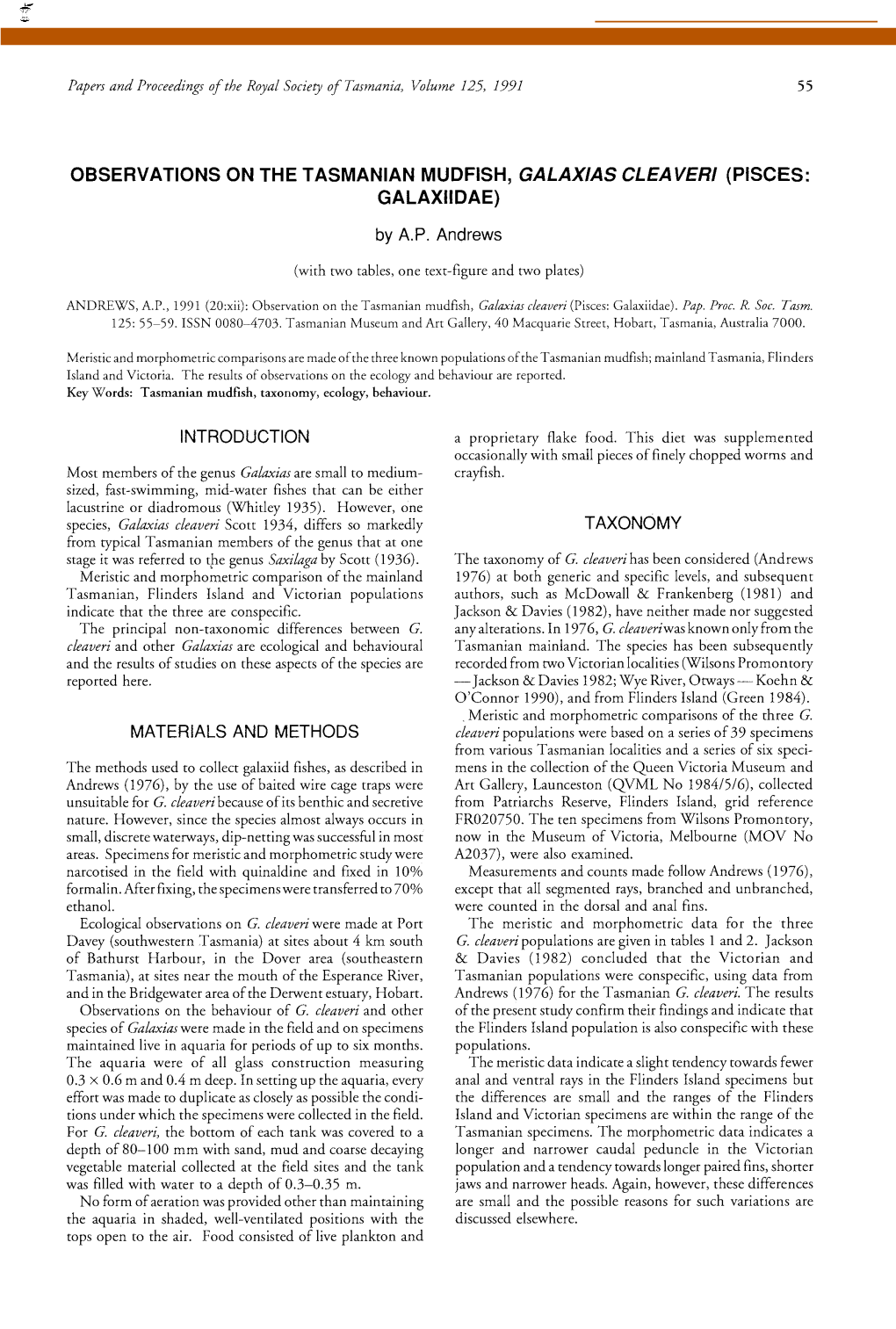 Observations on the Tasmanian Mudfish, Galax/As Cleaver/ (Pisces: Galaxiidae)