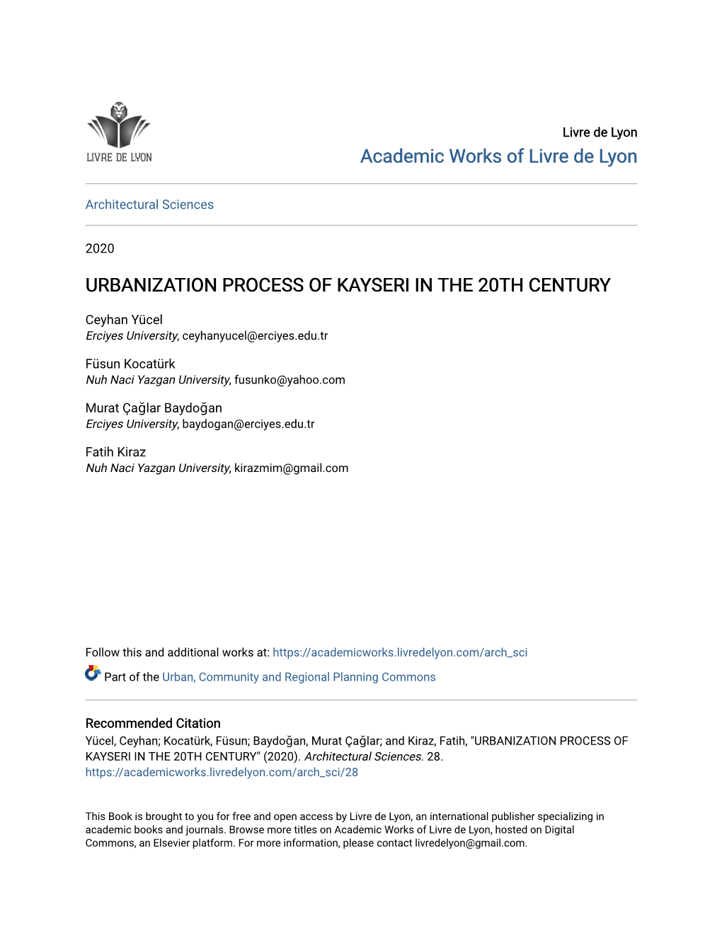 Urbanization Process of Kayseri in the 20Th Century