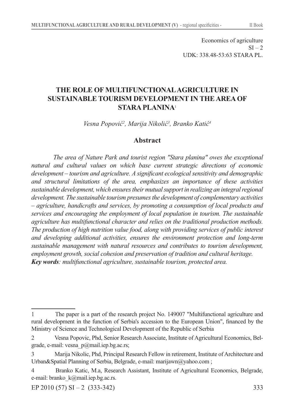 The Role of Multifunctional Agriculture in Sustainable Tourism Development in the Area of Stara Planina1