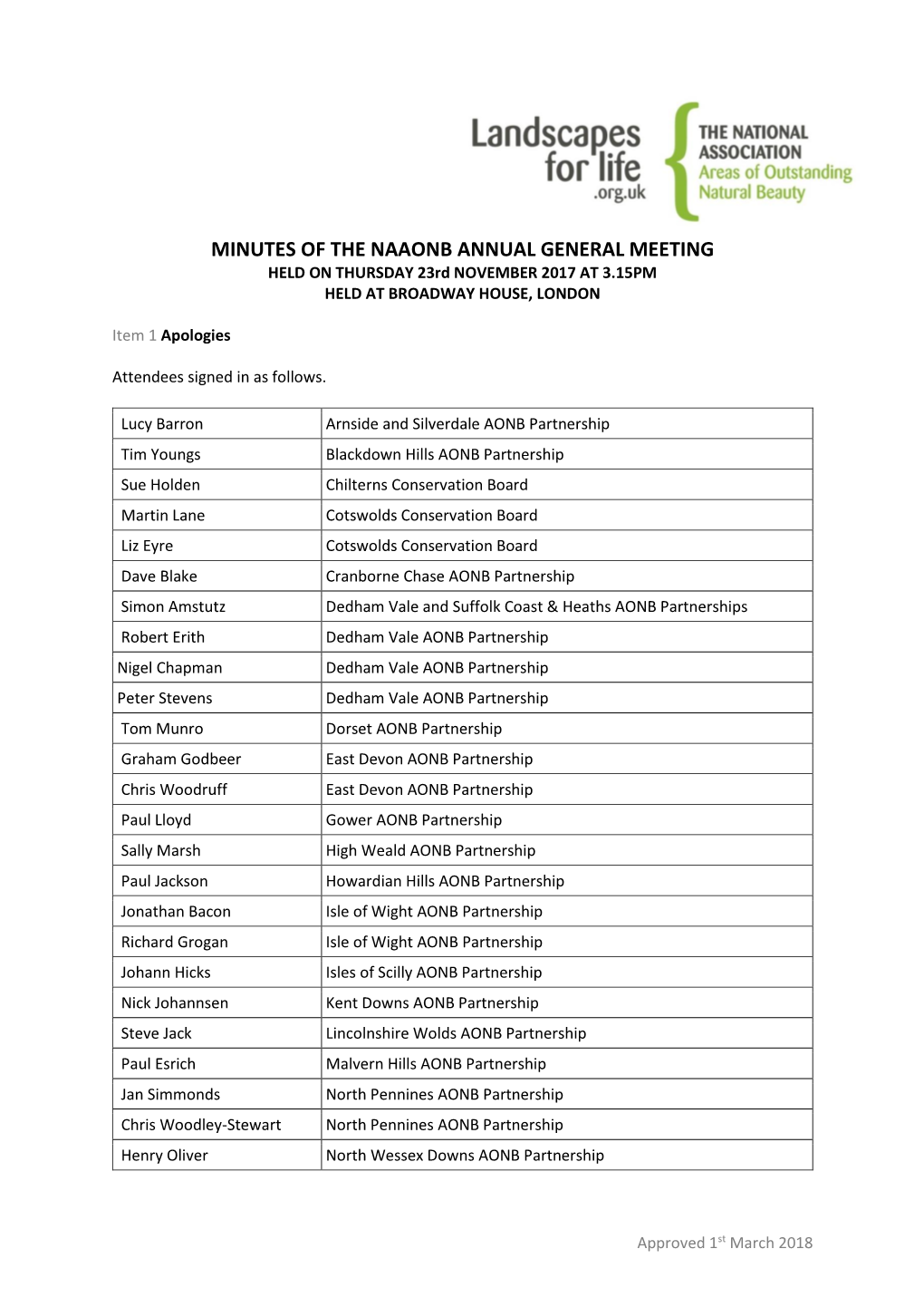 MINUTES of the NAAONB ANNUAL GENERAL MEETING HELD on THURSDAY 23Rd NOVEMBER 2017 at 3.15PM HELD at BROADWAY HOUSE, LONDON