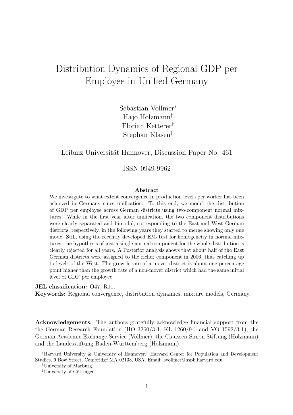 Distribution Dynamics of Regional GDP Per Employee in Unified