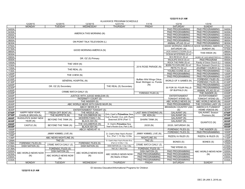 DEC 28-JAN 3, 2016.Xls 12/22/15 9:21 AM KLAX/KWCE PROGRAM