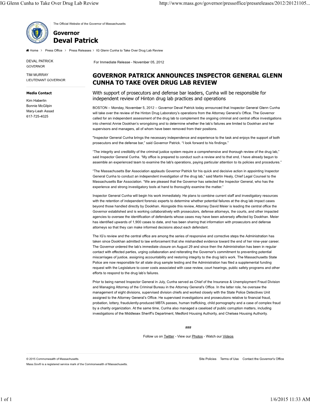 IG Glenn Cunha to Take Over Drug Lab Review, November 5, 2012