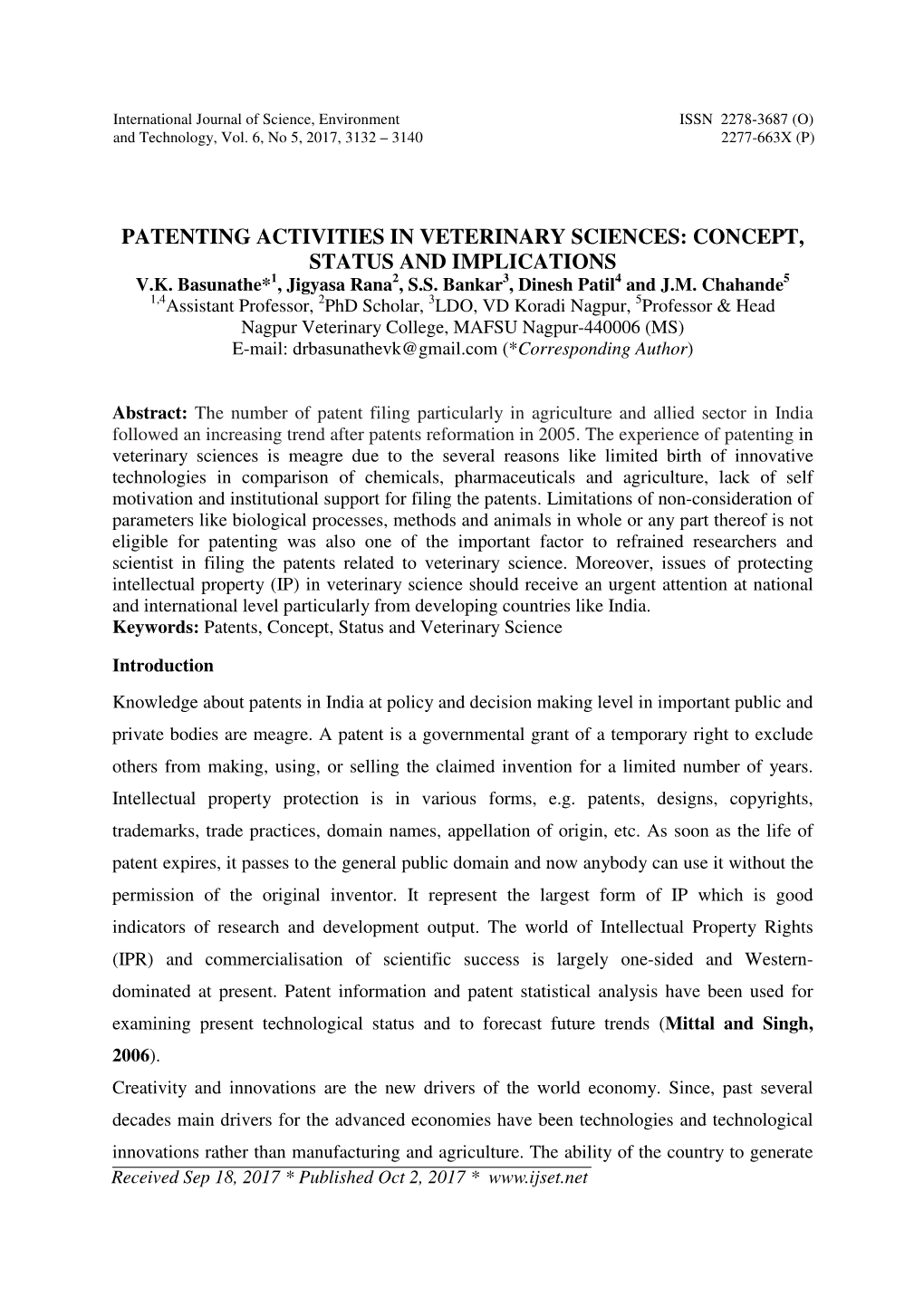 Patenting Activities in Veterinary Sciences: Concept, Status and Implications V.K