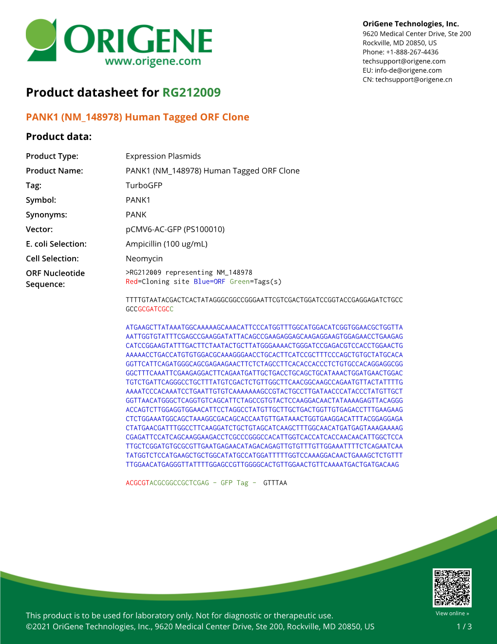 PANK1 (NM 148978) Human Tagged ORF Clone – RG212009 | Origene