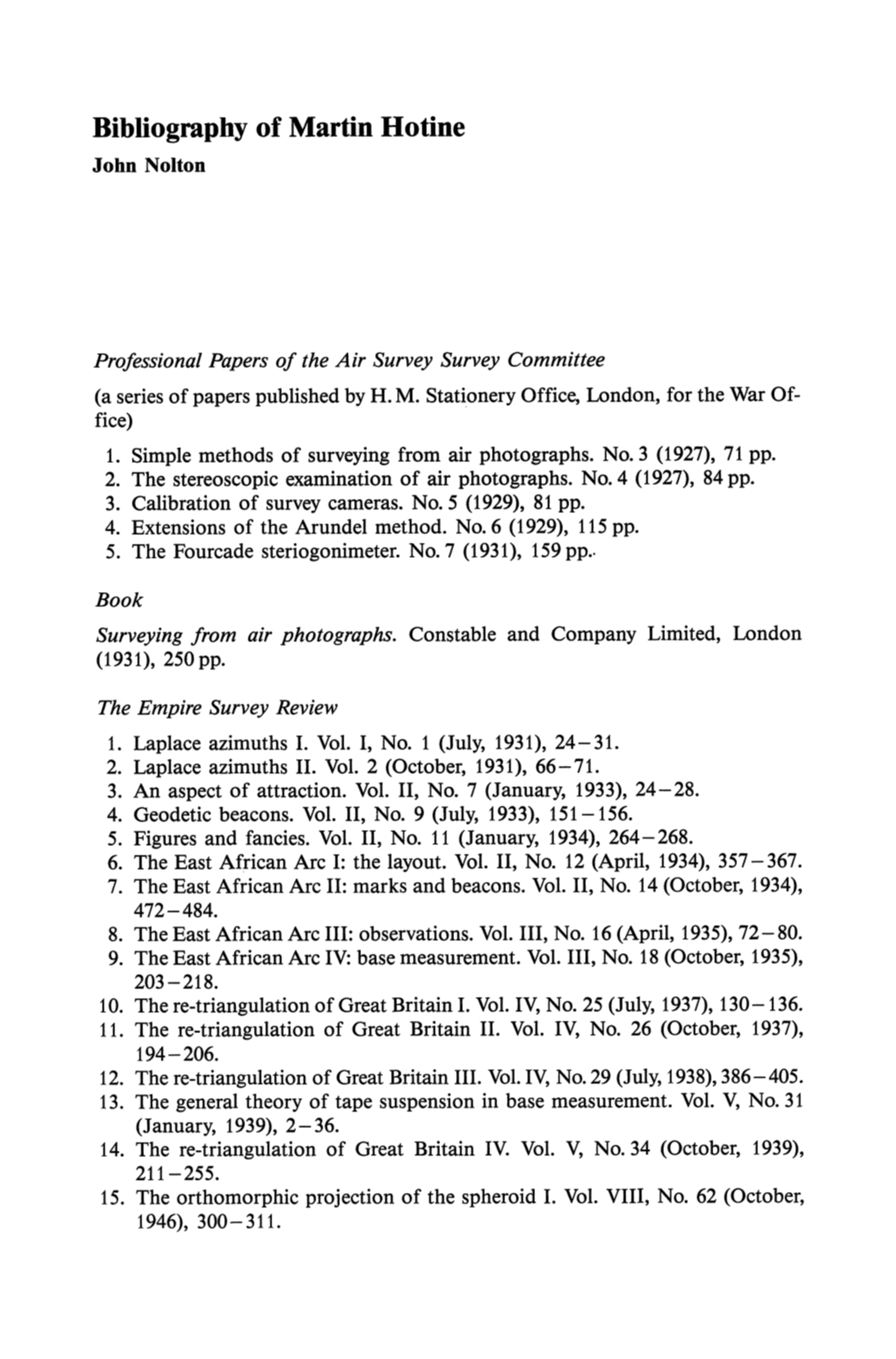 Bibliography of Martin Hotine John Nolton