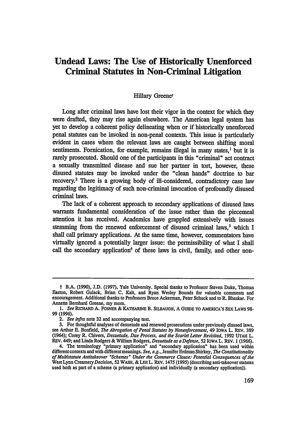 Undead Laws: the Use of Historically Unenforced Criminal Statutes in Non-Criminal Litigation