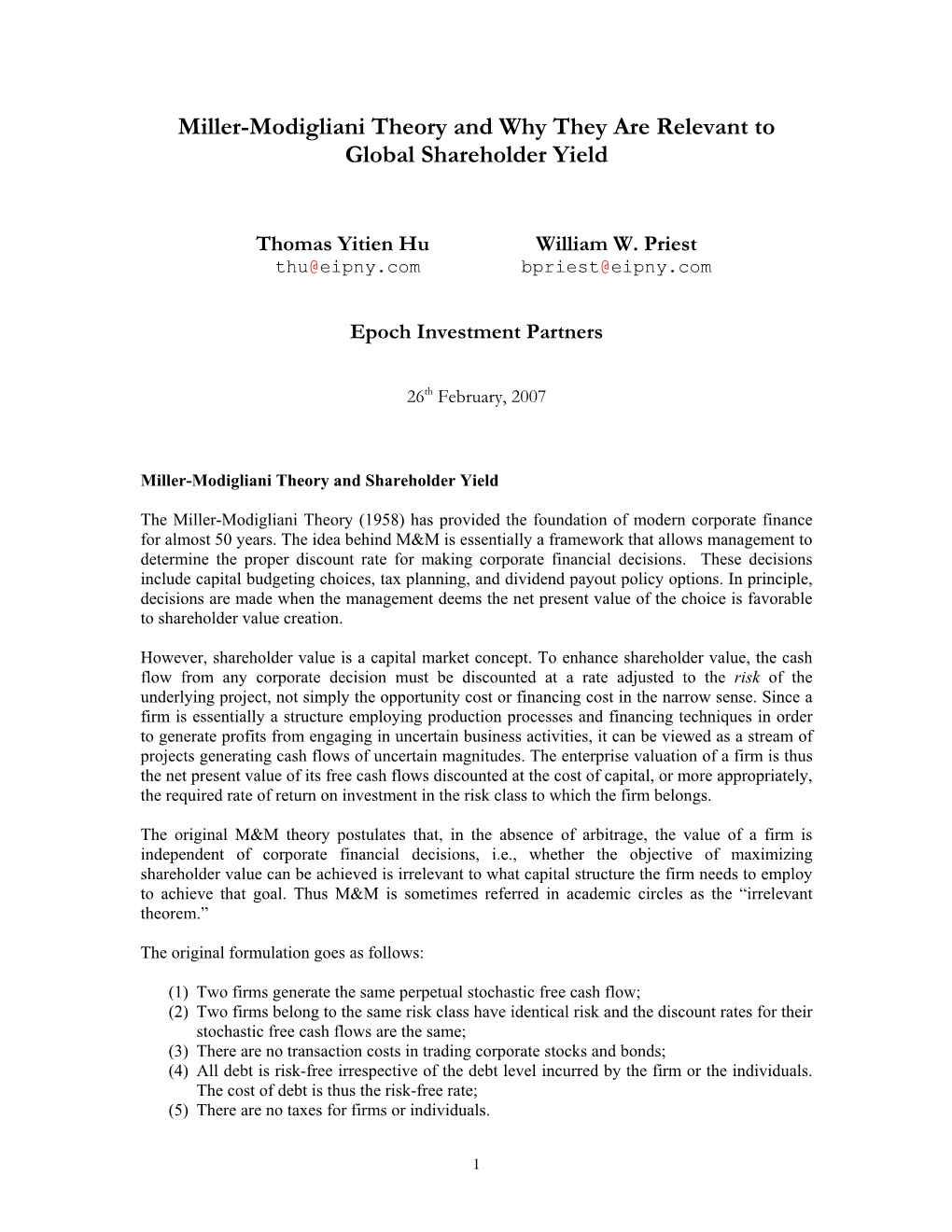 Miller-Modigliani Theory and Why They Are Relevant to Global Shareholder Yield