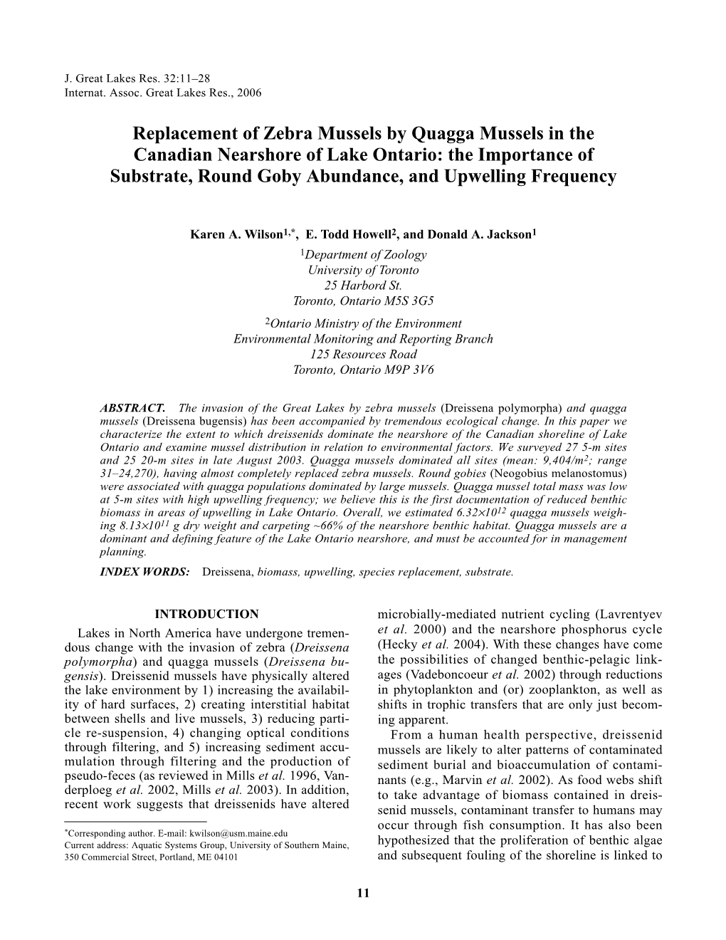 Replacement of Zebra Mussels by Quagga Mussels in the Canadian Nearshore of Lake Ontario: the Importance of Substrate, Round Goby Abundance, and Upwelling Frequency