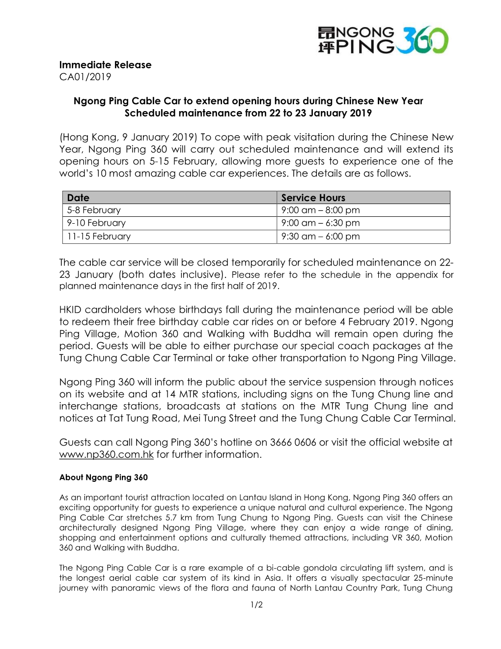 Immediate Release CA01/2019 Ngong Ping Cable Car to Extend
