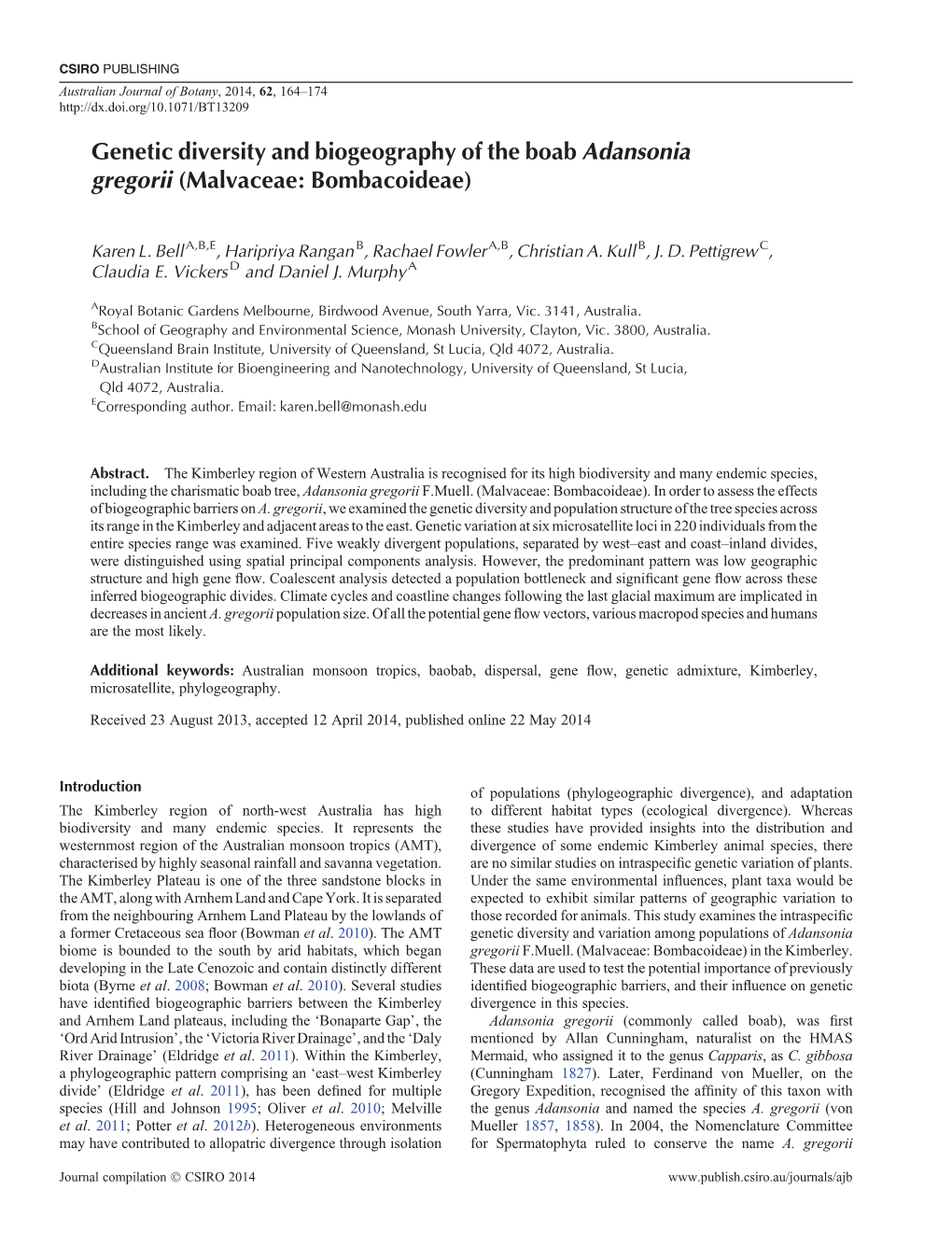 Genetic Diversity and Biogeography of the Boab Adansonia Gregorii (Malvaceae: Bombacoideae)