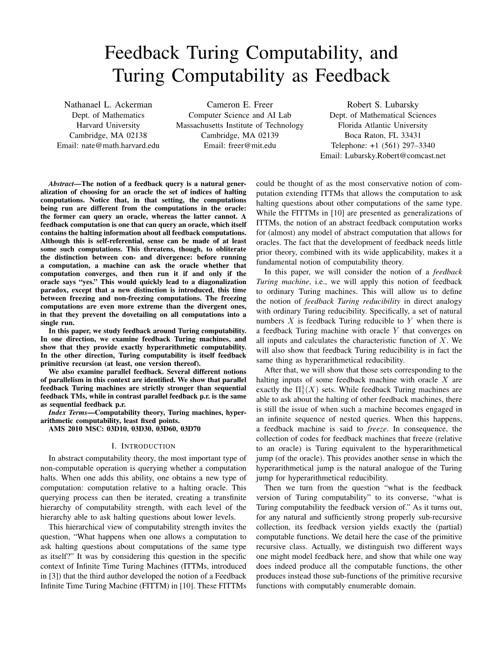 Feedback Turing Computability, and Turing Computability As Feedback