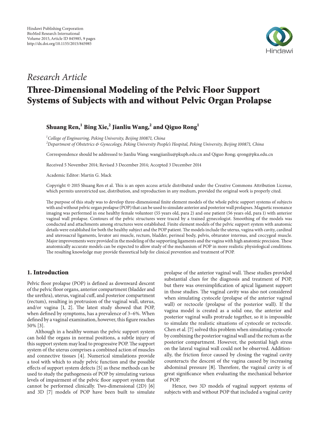 Research Article Three-Dimensional Modeling of the Pelvic Floor Support Systems of Subjects with and Without Pelvic Organ Prolapse