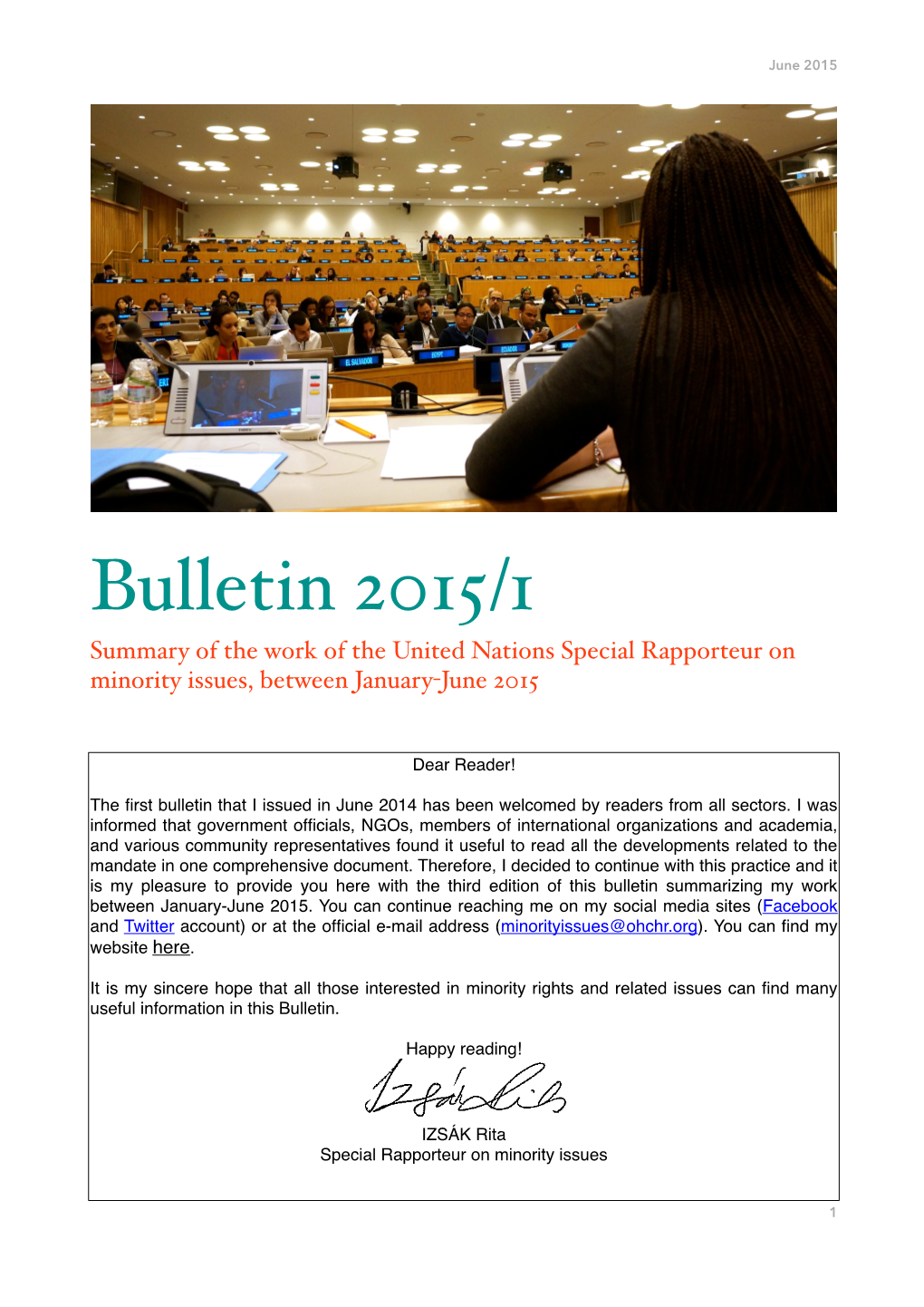 Bulletin 2015/1 Summary of the Work of the United Nations Special Rapporteur on Minority Issues, Between January-June 2015
