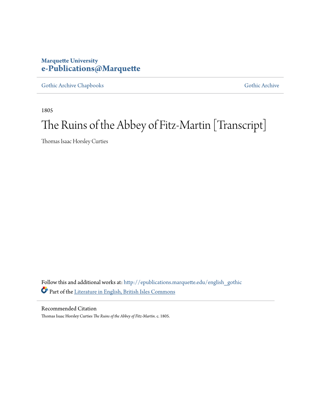 The Ruins of the Abbey of Fitz-Martin [Transcript] Thomas Isaac Horsley Curties