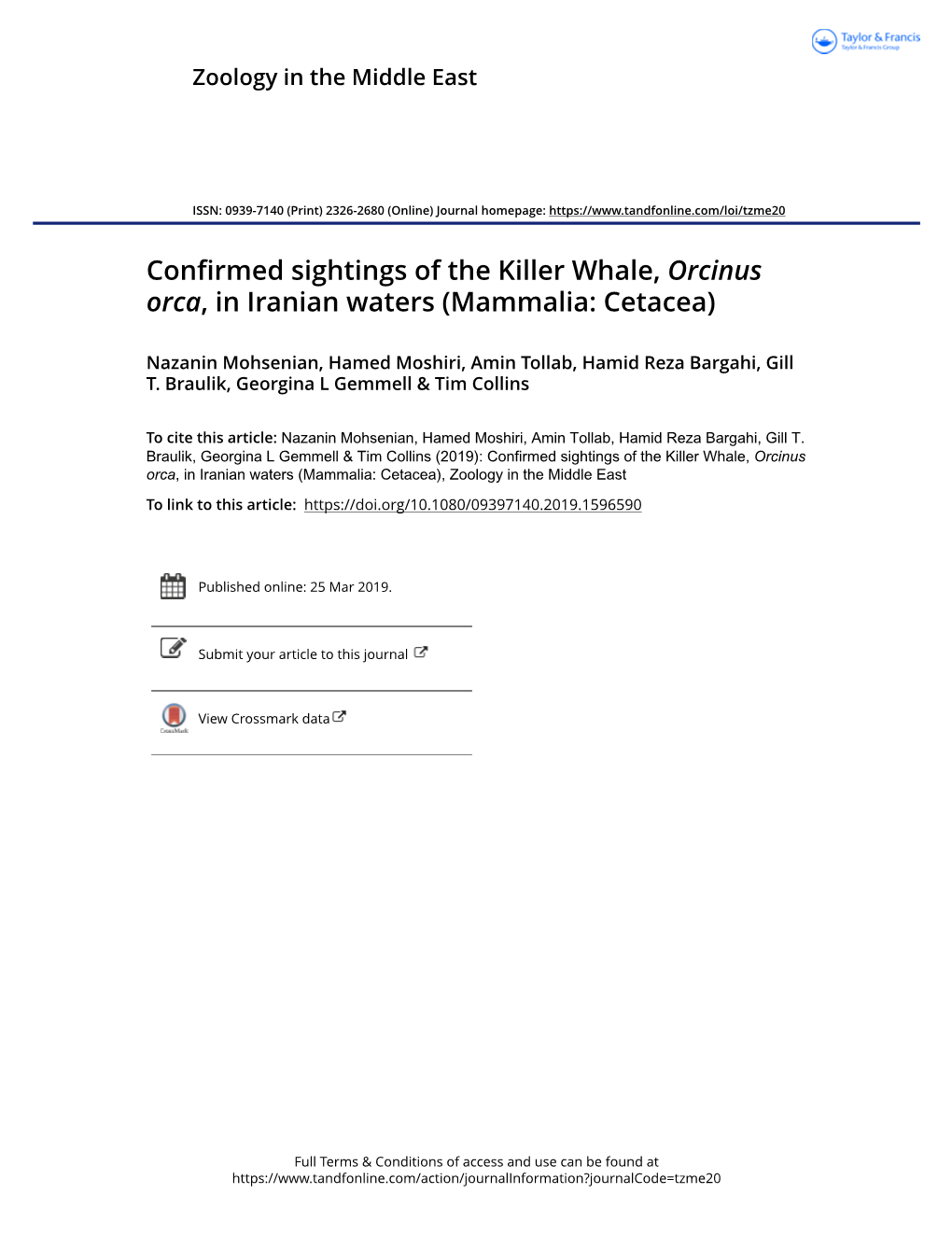 Confirmed Sightings of the Killer Whale, Orcinus Orca, in Iranian Waters (Mammalia: Cetacea)