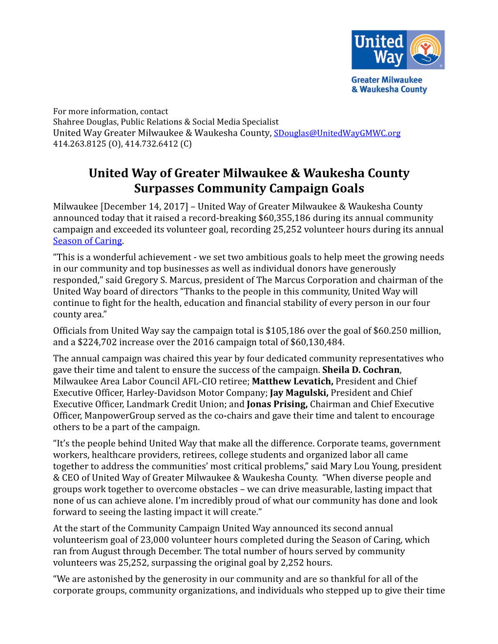 United Way of Greater Milwaukee & Waukesha County Surpasses