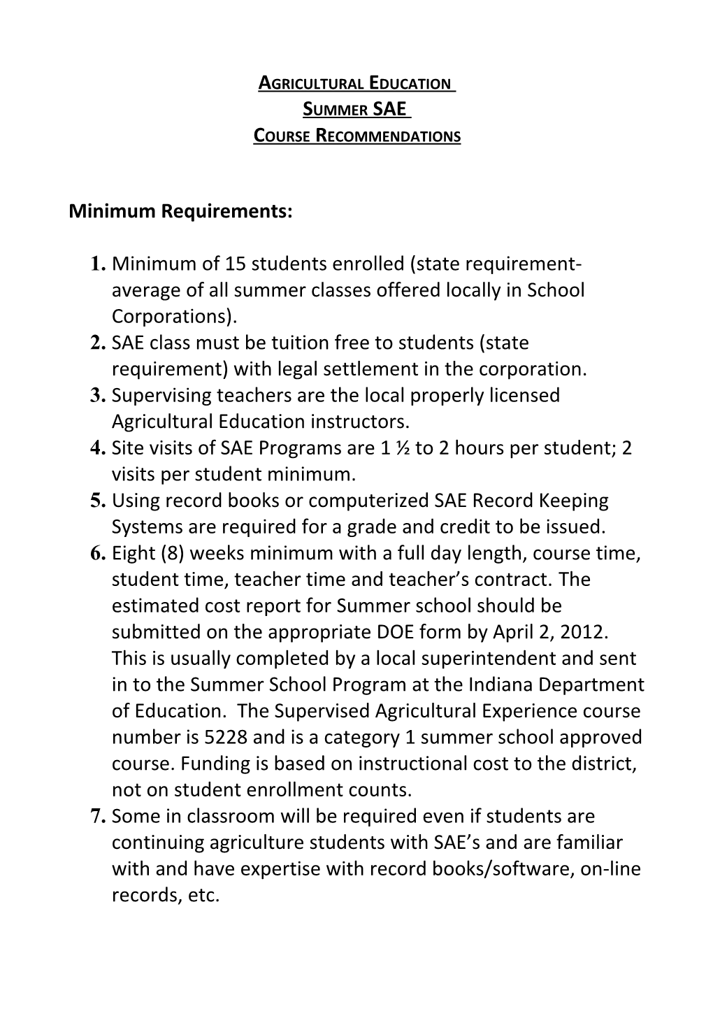 Agriculture Education Sae Summer Course Guidelines