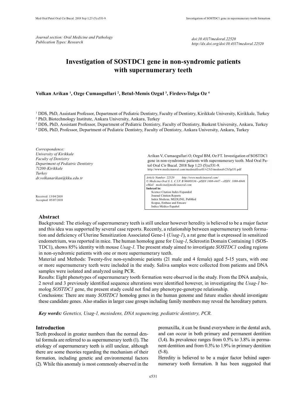 Investigation of SOSTDC1 Gene in Non-Syndromic Patients with Supernumerary Teeth