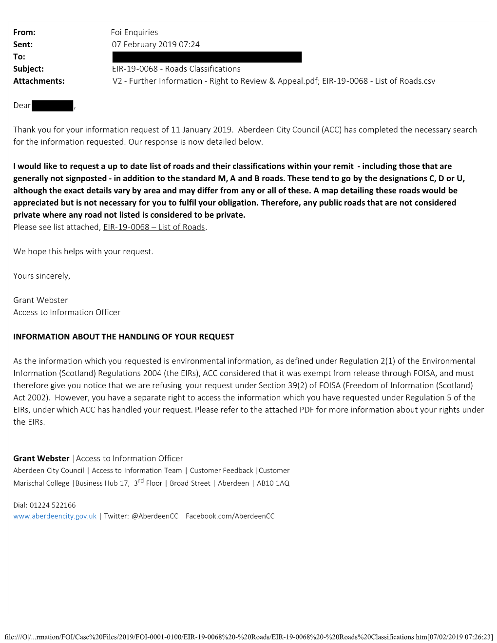 EIR-19-0068 - Roads Classifications Attachments: V2 - Further Information - Right to Review & Appeal.Pdf; EIR-19-0068 - List of Roads.Csv