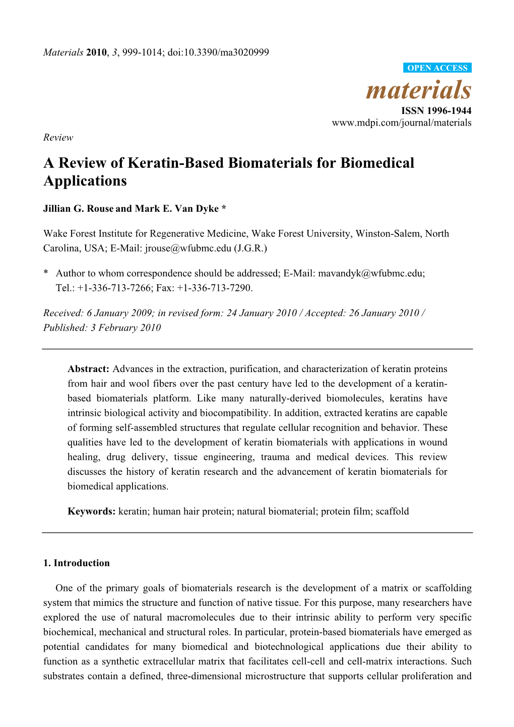 A Review of Keratin-Based Biomaterials for Biomedical Applications