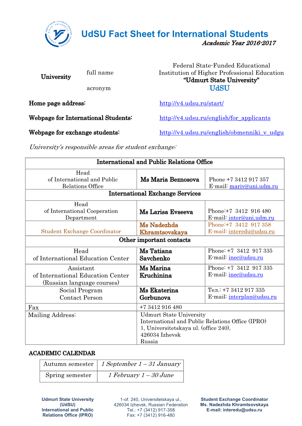 Udsu Fact Sheet for International Students Academic Year 2016-2017