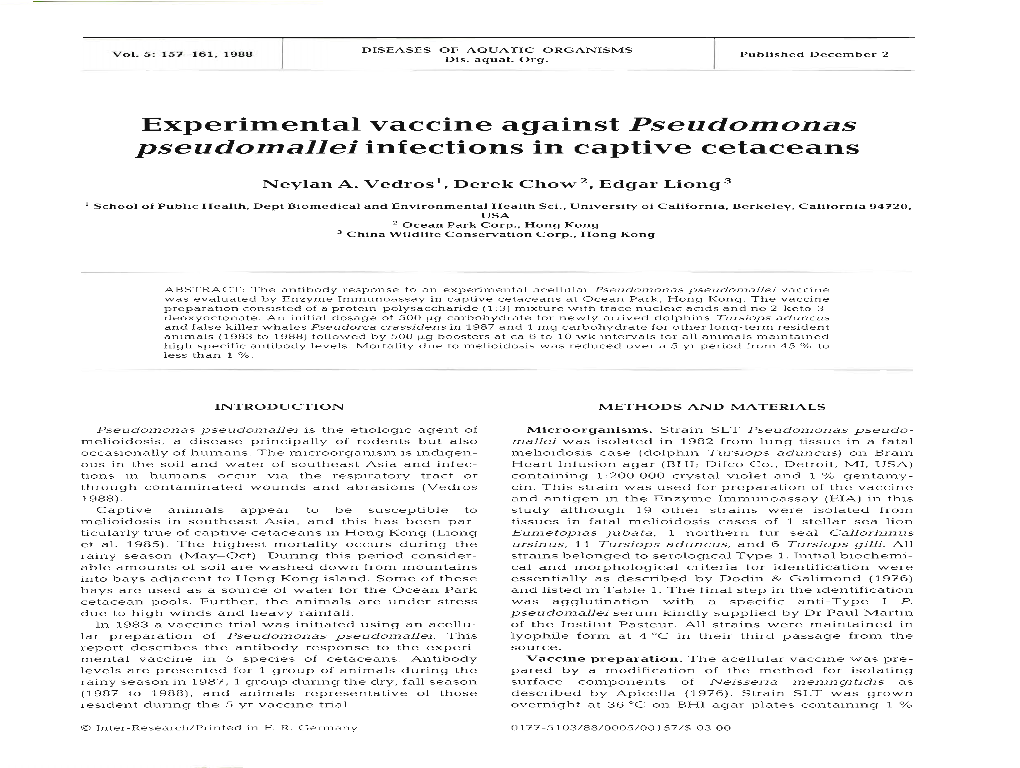 Experimental Vaccine Against Pseudomonas Pseudomallei Infections in Captive Cetaceans