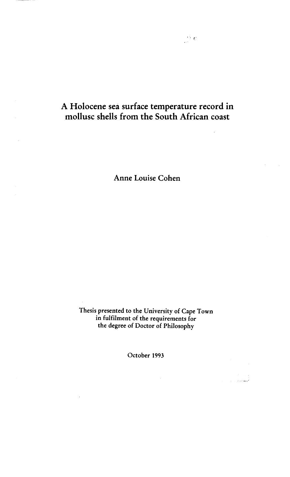 A Holocene Sea Surface Temperature Record in Mollusc Shells from the South African Coast