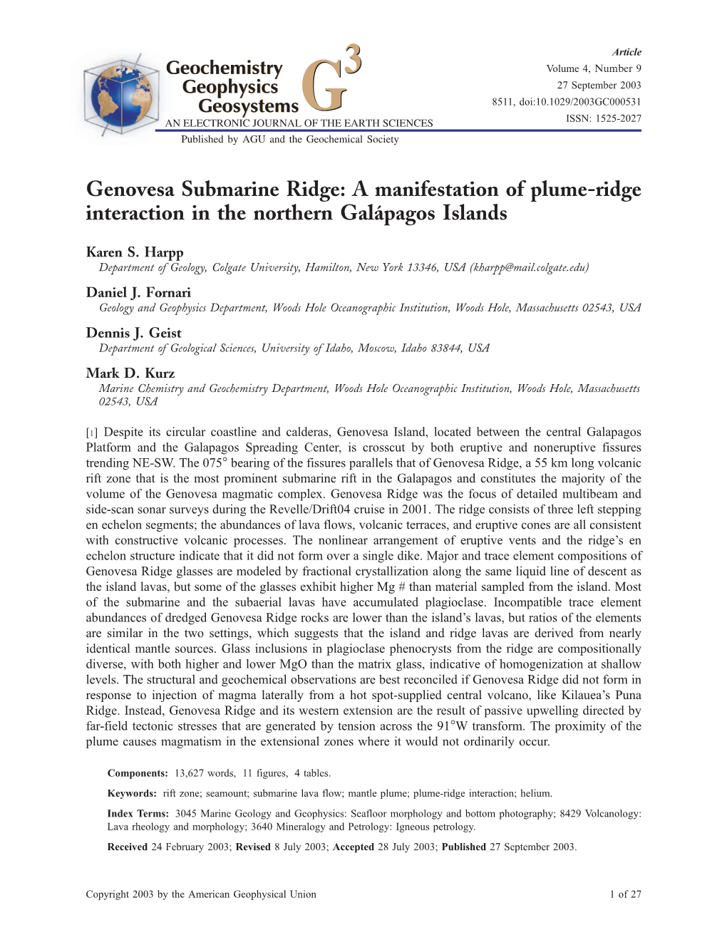 Genovesa Submarine Ridge: a Manifestation of Plume-Ridge Interaction in the Northern Gala´Pagos Islands