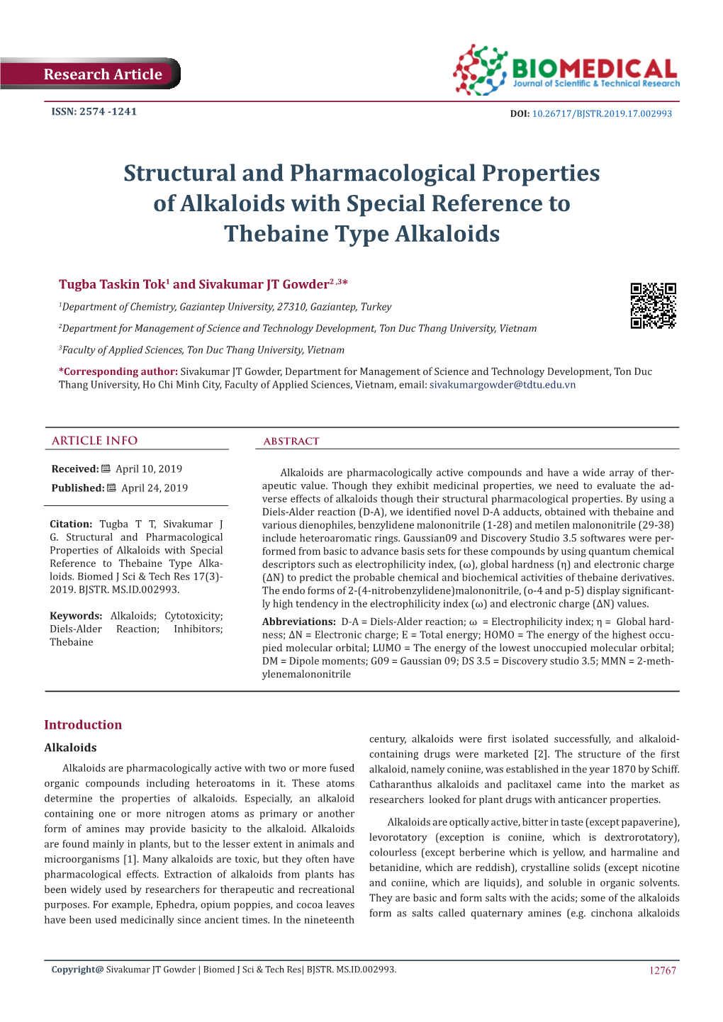 Structural and Pharmacological Properties of Alkaloids with Special Reference to Thebaine Type Alkaloids