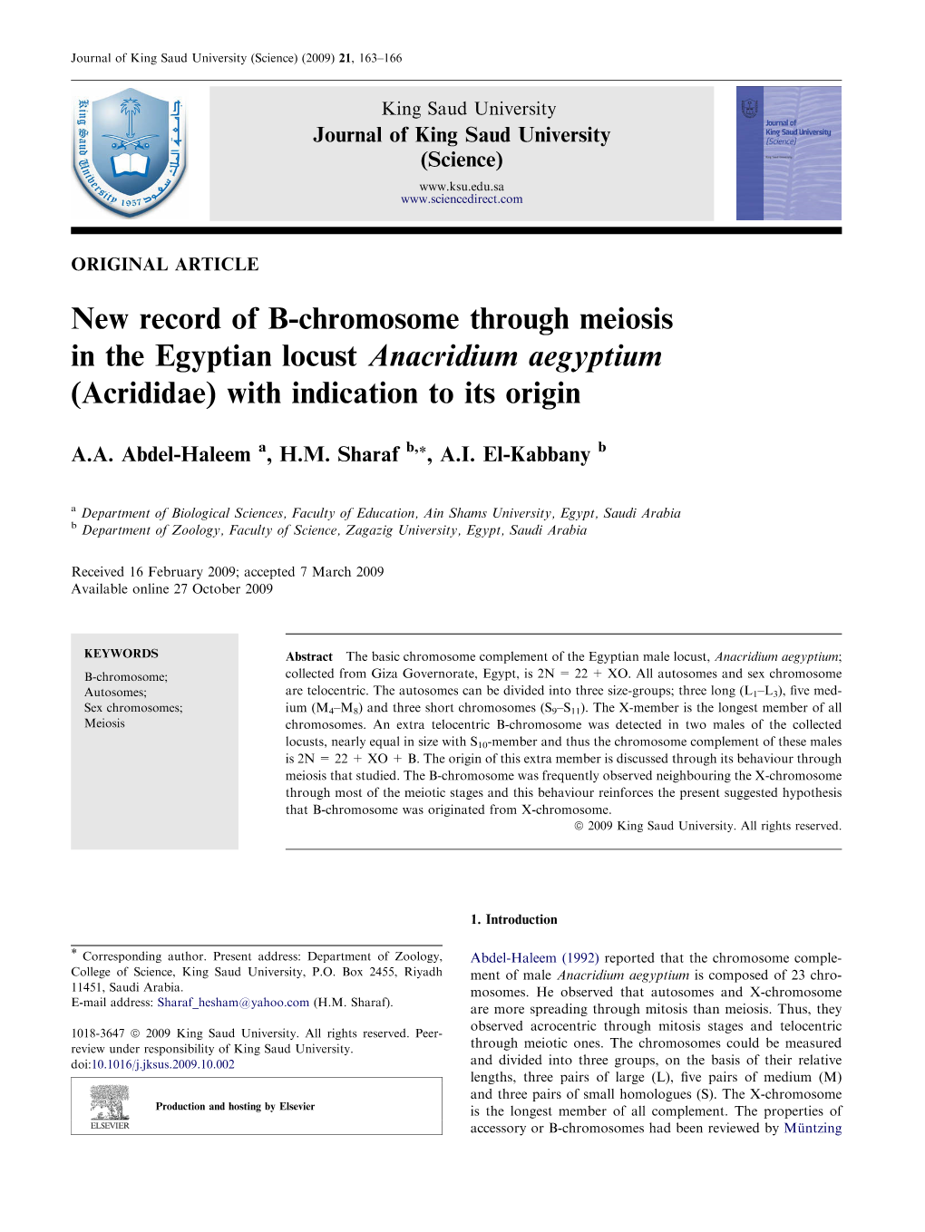 New Record of B-Chromosome Through Meiosis in the Egyptian Locust Anacridium Aegyptium (Acrididae) with Indication to Its Origin
