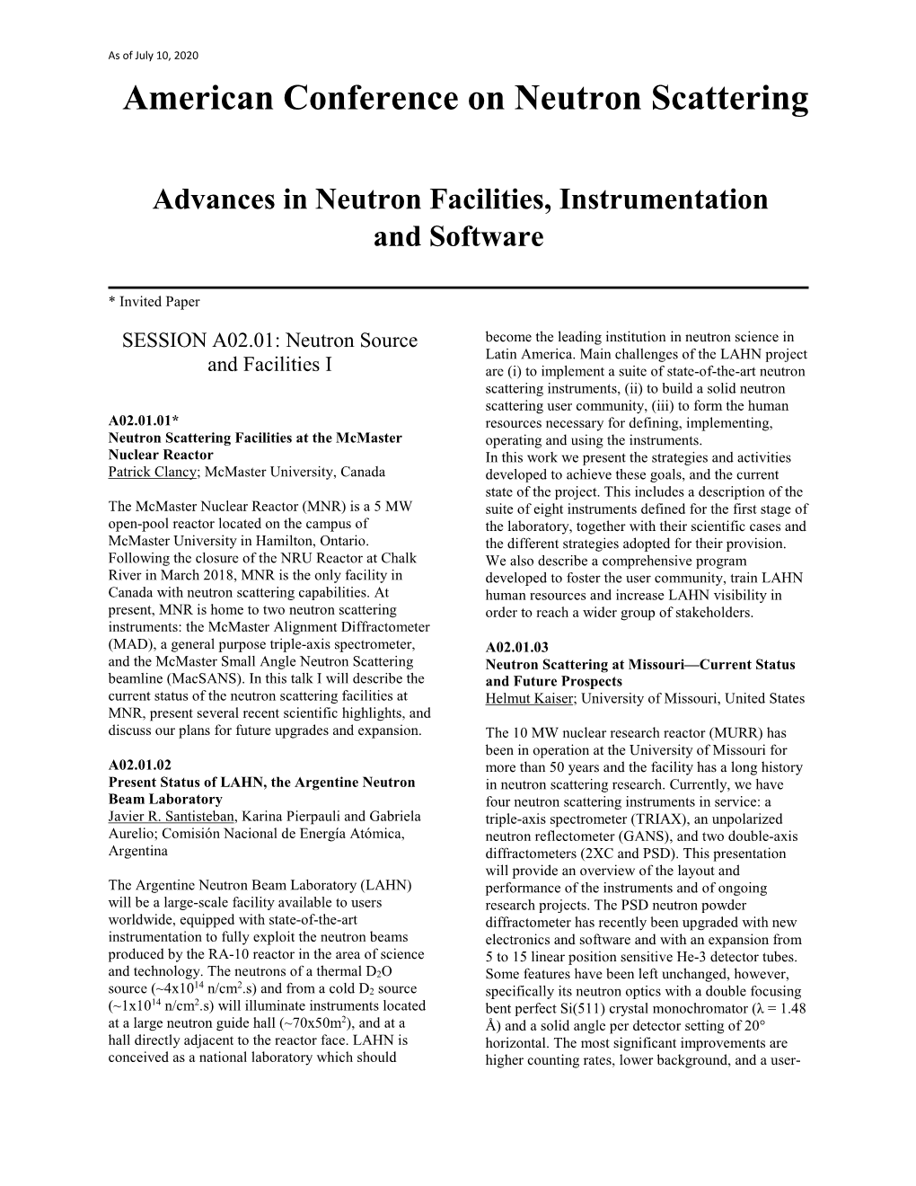 Program—Advances in Neutron Facilities, Instrumentation & Software