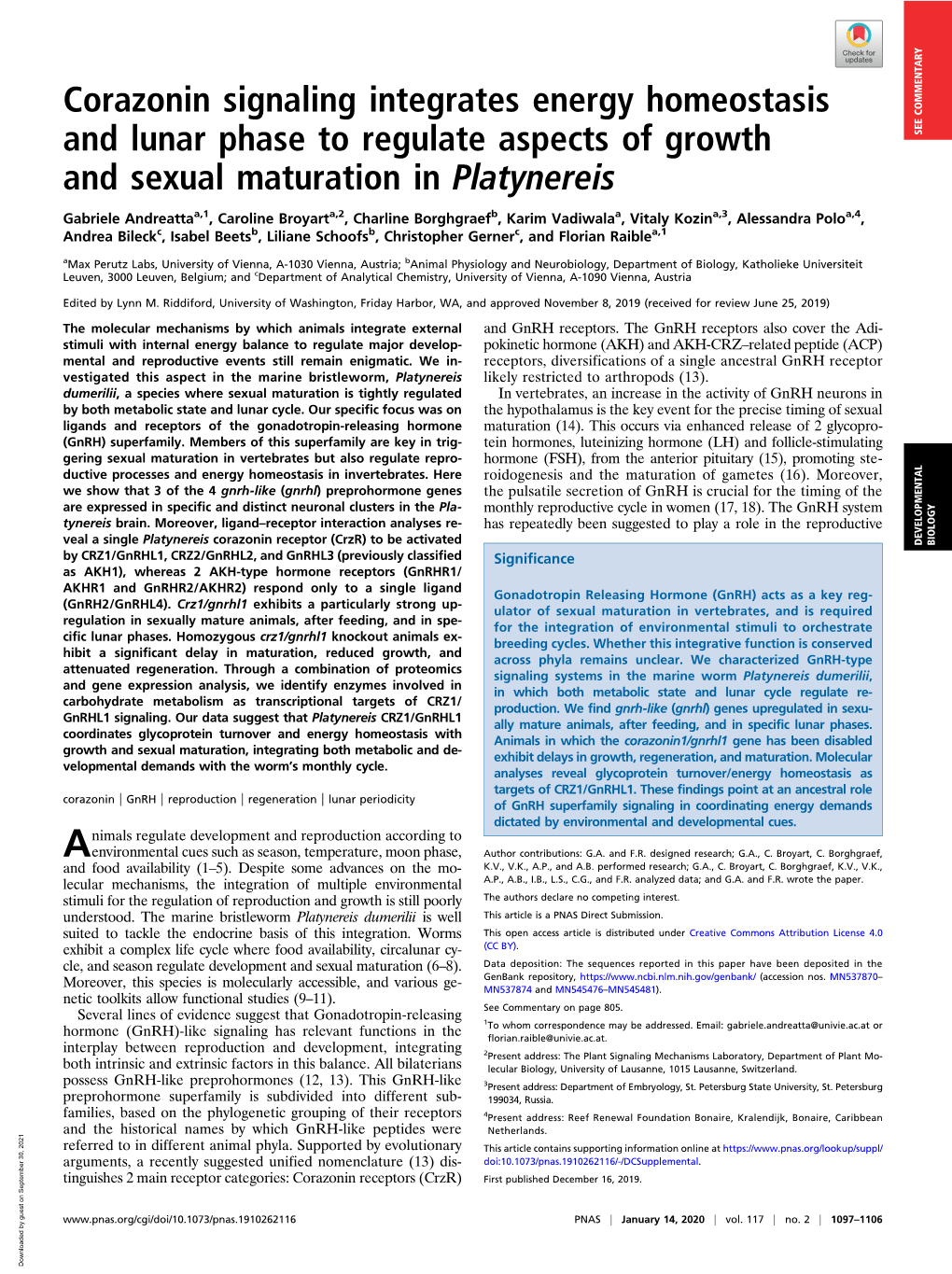 Corazonin Signaling Integrates Energy Homeostasis and Lunar Phase to Regulate Aspects of Growth SEE COMMENTARY and Sexual Maturation in Platynereis