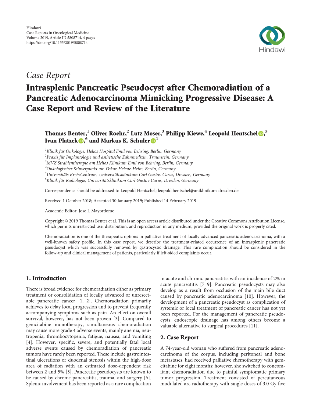 Intrasplenic Pancreatic Pseudocyst After Chemoradiation of a Pancreatic Adenocarcinoma Mimicking Progressive Disease: a Case Report and Review of the Literature