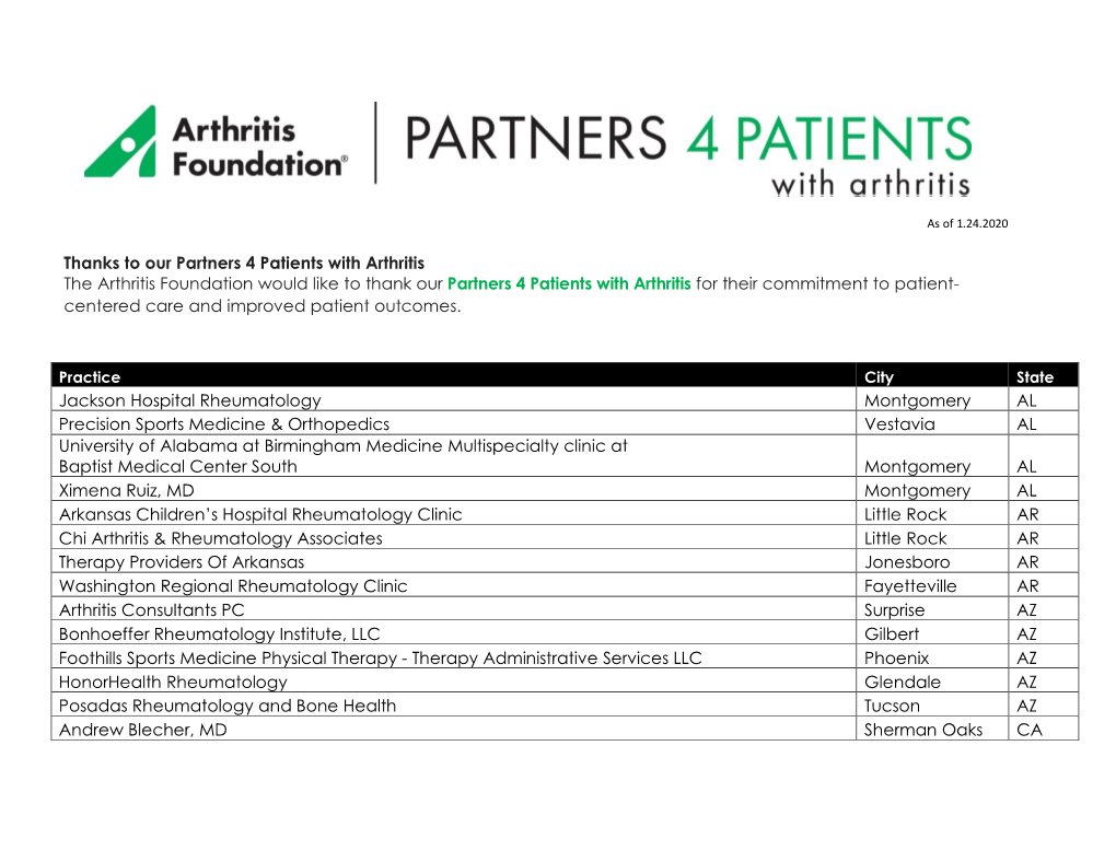 Thanks to Our Partners 4 Patients with Arthritis