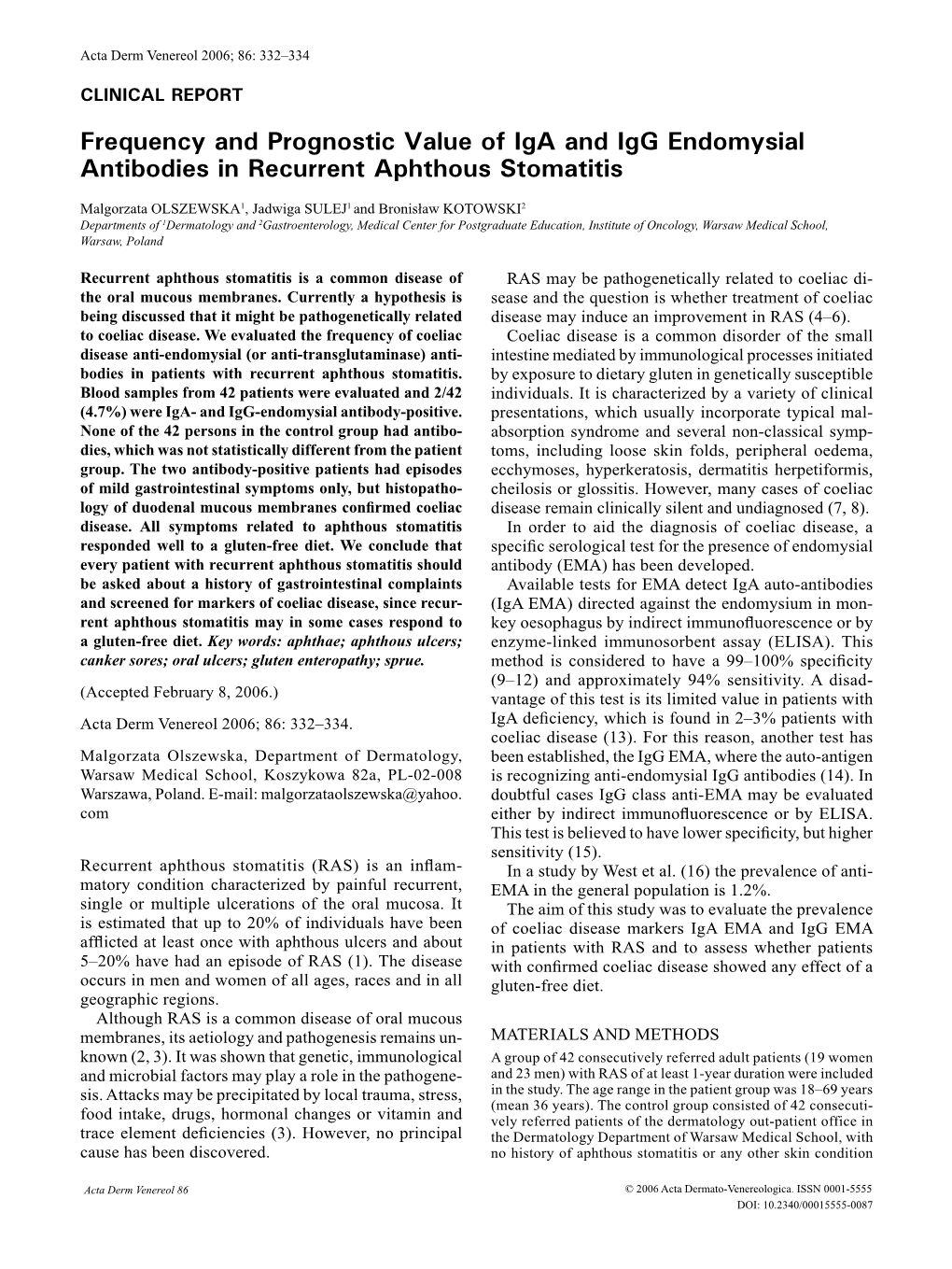 Frequency and Prognostic Value of Iga and Igg Endomysial Antibodies in Recurrent Aphthous Stomatitis