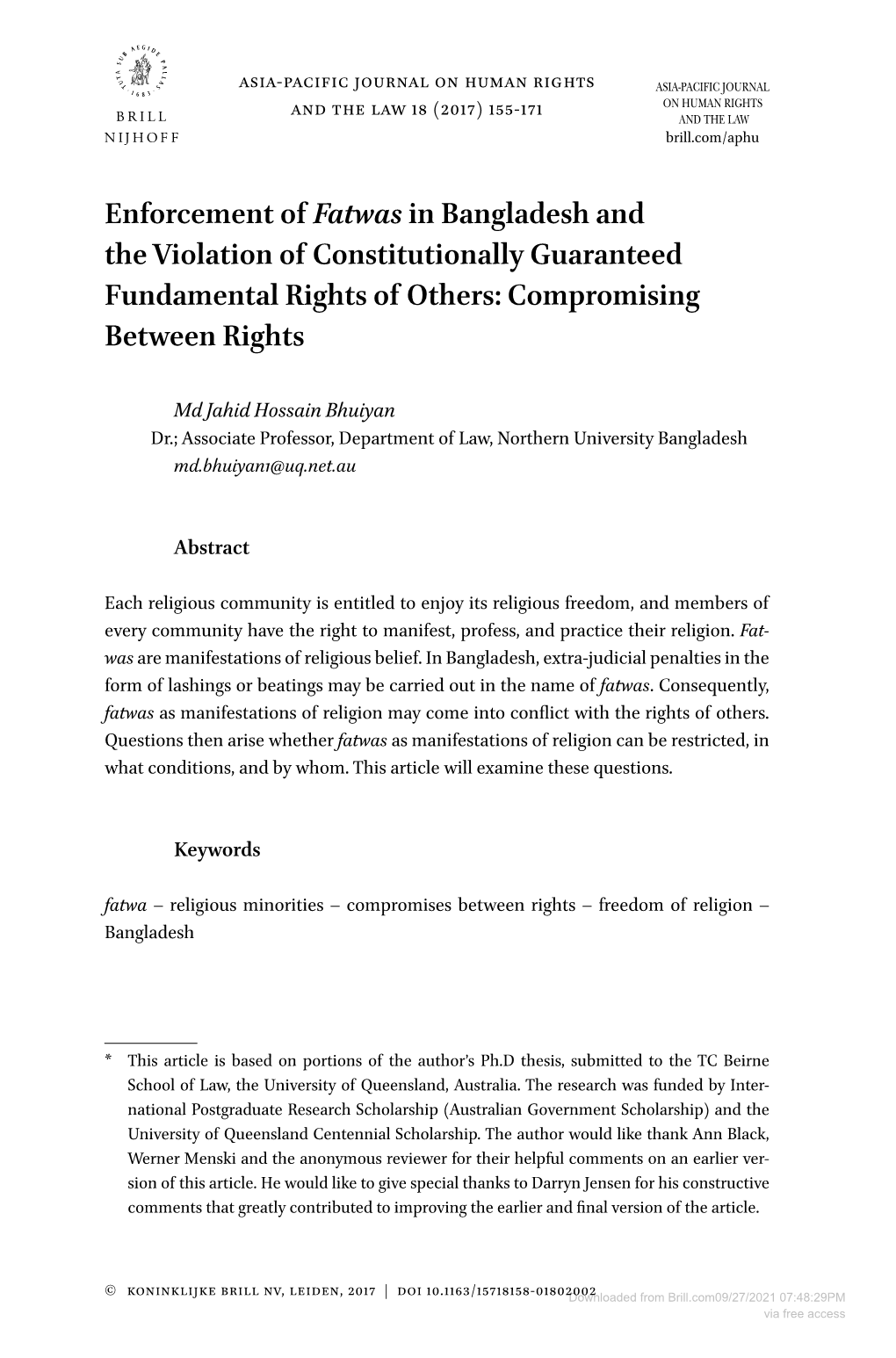 Enforcement of Fatwas in Bangladesh and the Violation of Constitutionally Guaranteed Fundamental Rights of Others: Compromising Between Rights