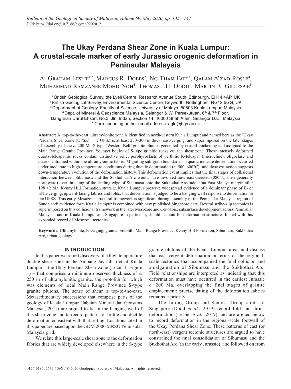 The Ukay Perdana Shear Zone in Kuala Lumpur: a Crustal-Scale Marker of Early Jurassic Orogenic Deformation in Peninsular Malaysia