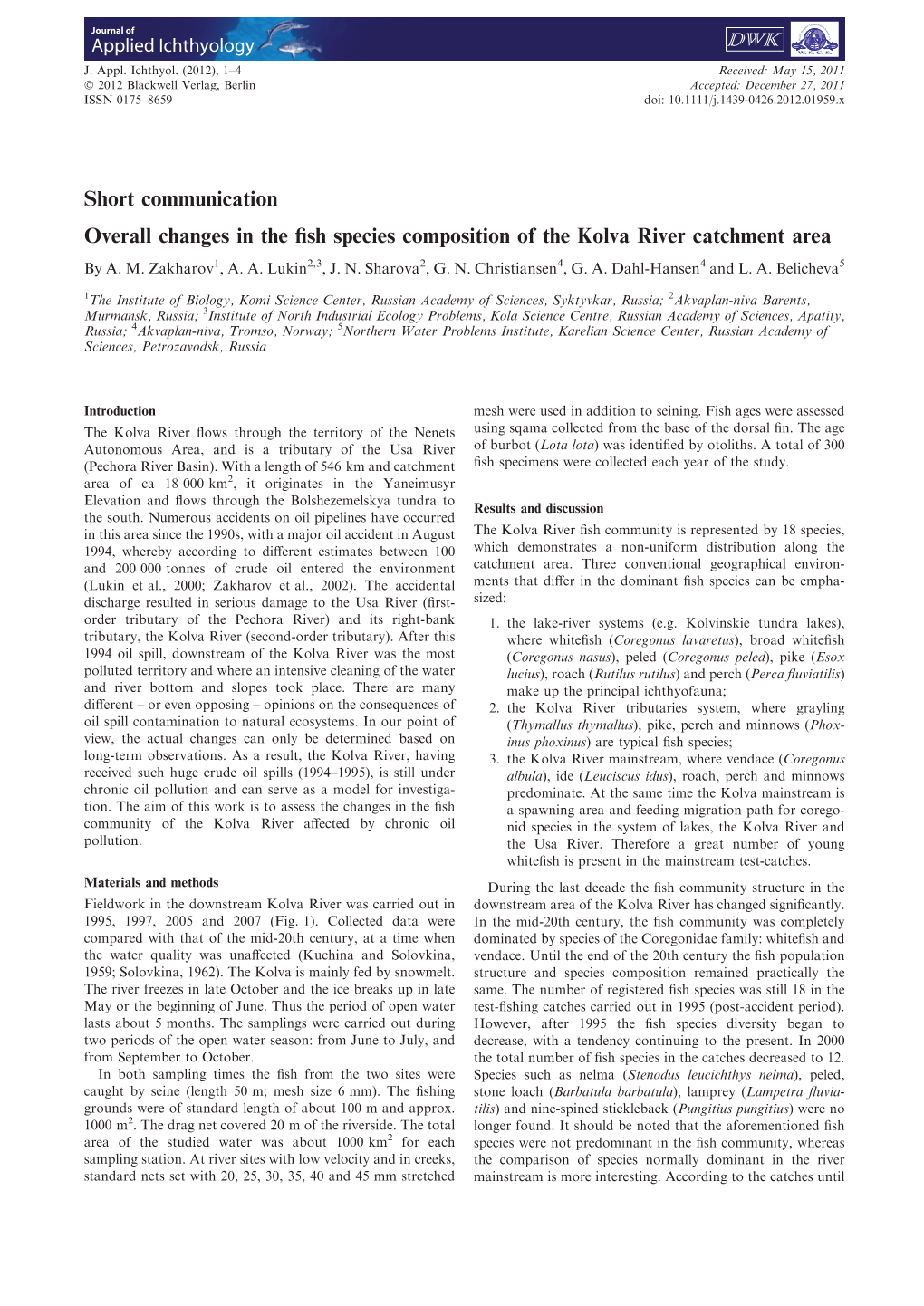 Overall Changes in the Fish Species Composition of the Kolva River