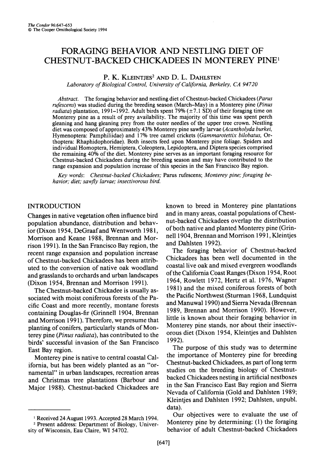 Foraging Behavior and Nestling Diet of Chestnut-Backed Chickadees in Monterey Pine ’