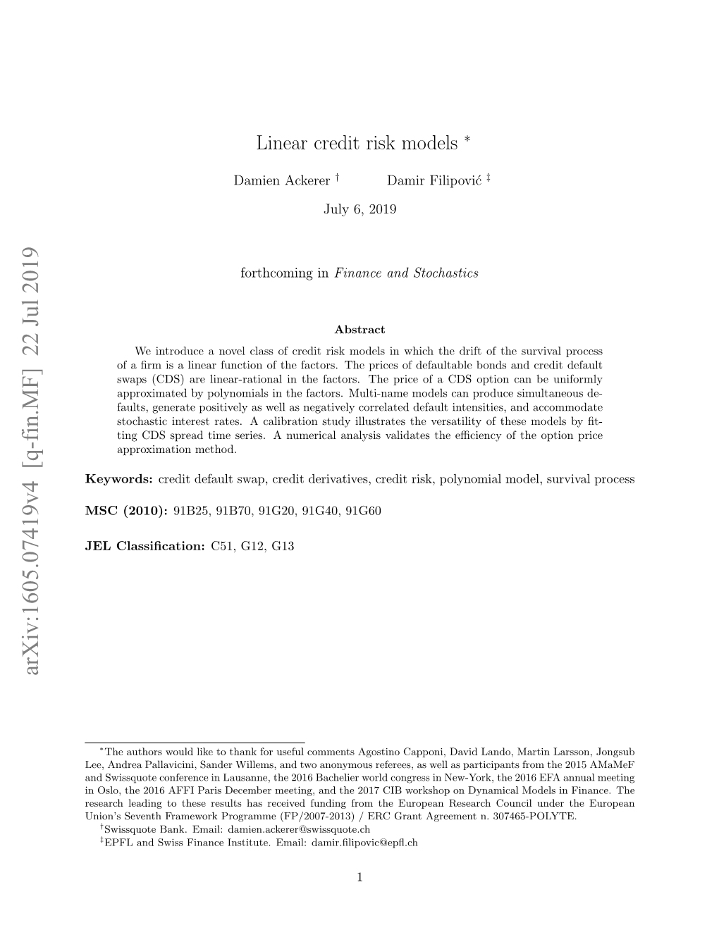 Linear Credit Risk Models ∗