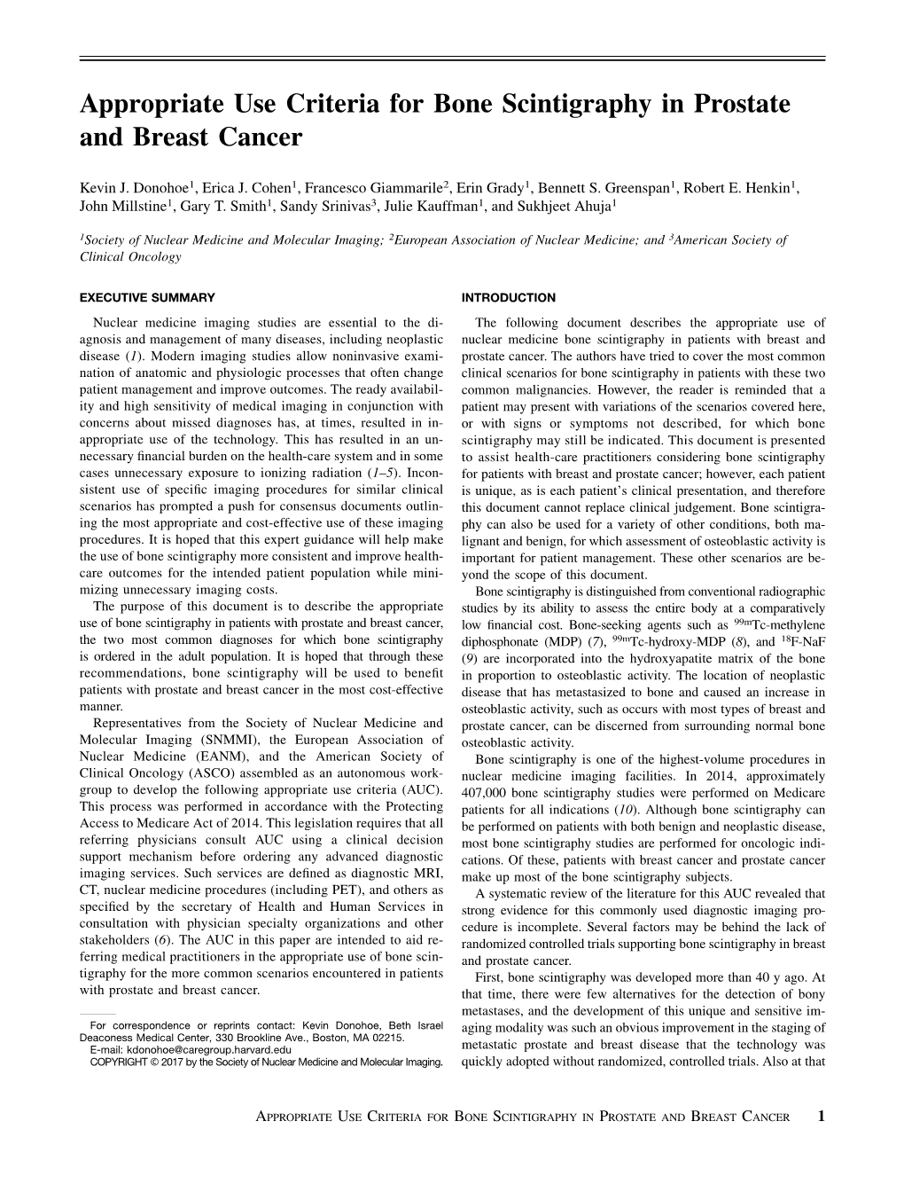 Appropriate Use Criteria for Bone Scintigraphy in Prostate and Breast Cancer