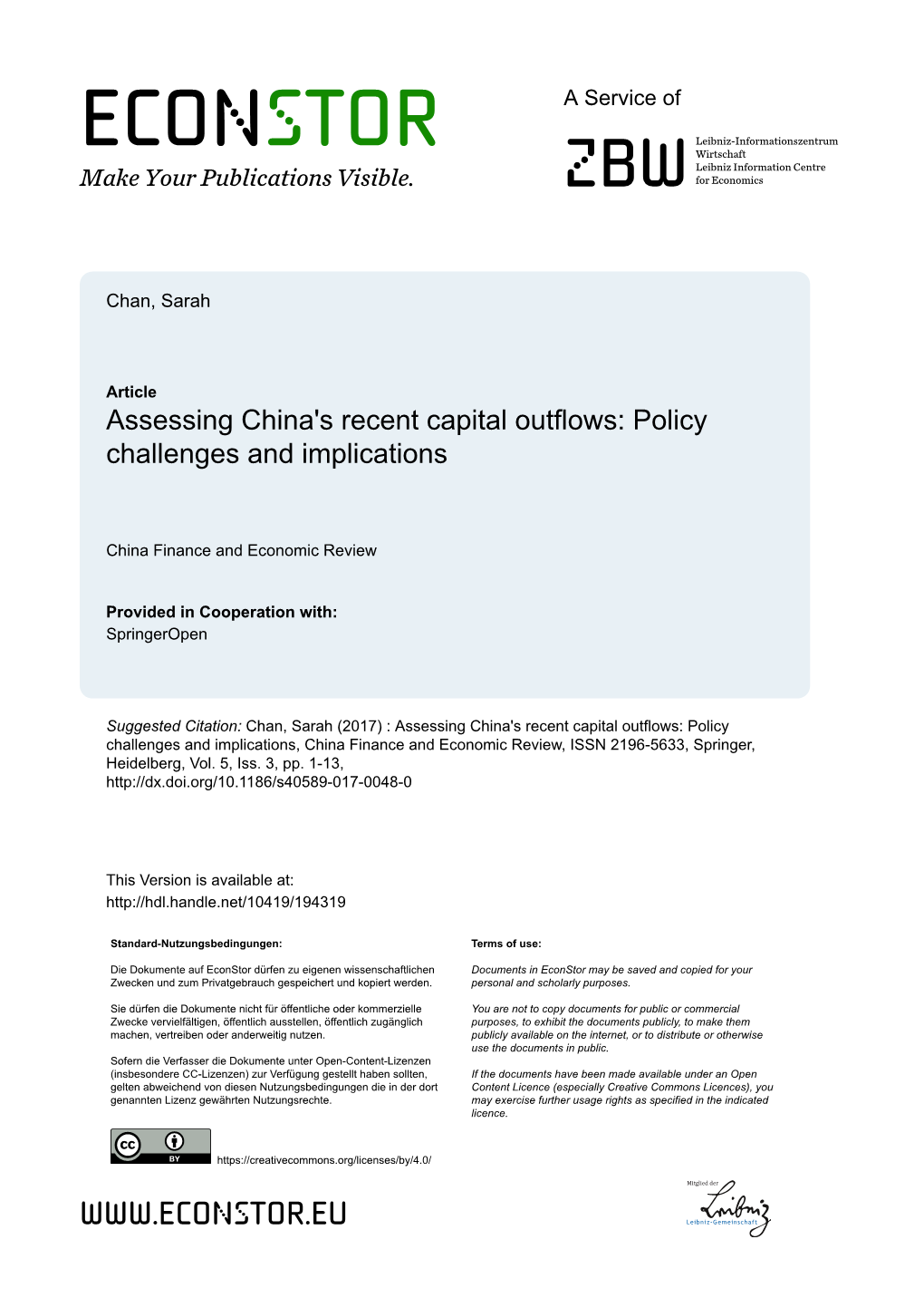 Assessing China's Recent Capital Outflows: Policy Challenges and Implications