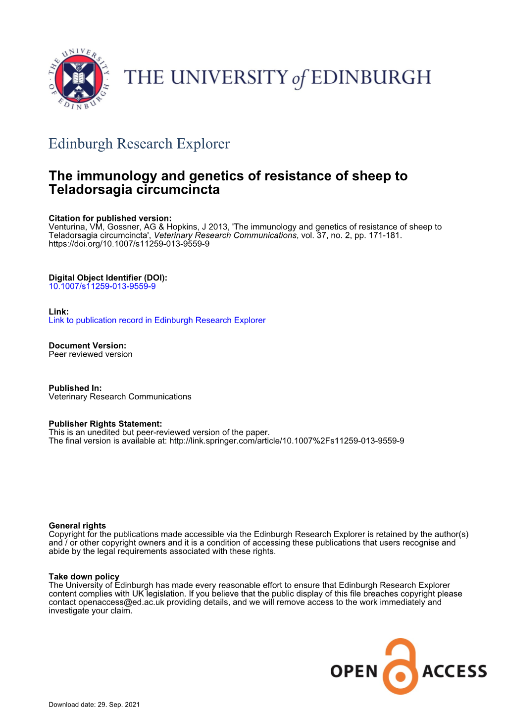 The Immunology and Genetics of Resistance of Sheep to Teladorsagia Circumcincta', Veterinary Research Communications, Vol