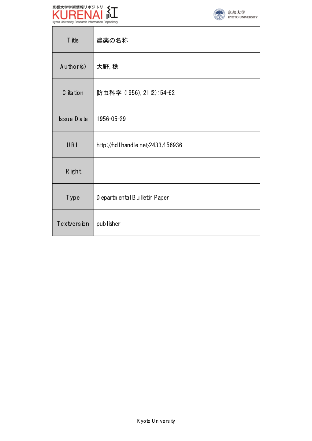 Title 農薬の名称 Author(S) 大野, 稔 Citation 防虫科学 (1956), 21(2