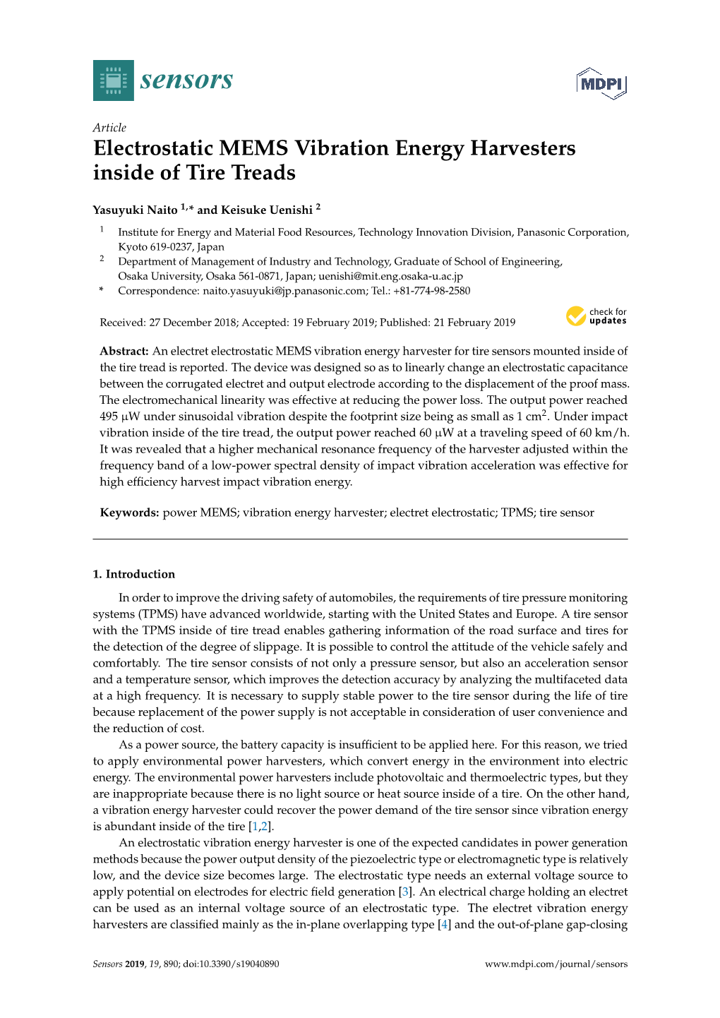 Electrostatic MEMS Vibration Energy Harvesters Inside of Tire Treads