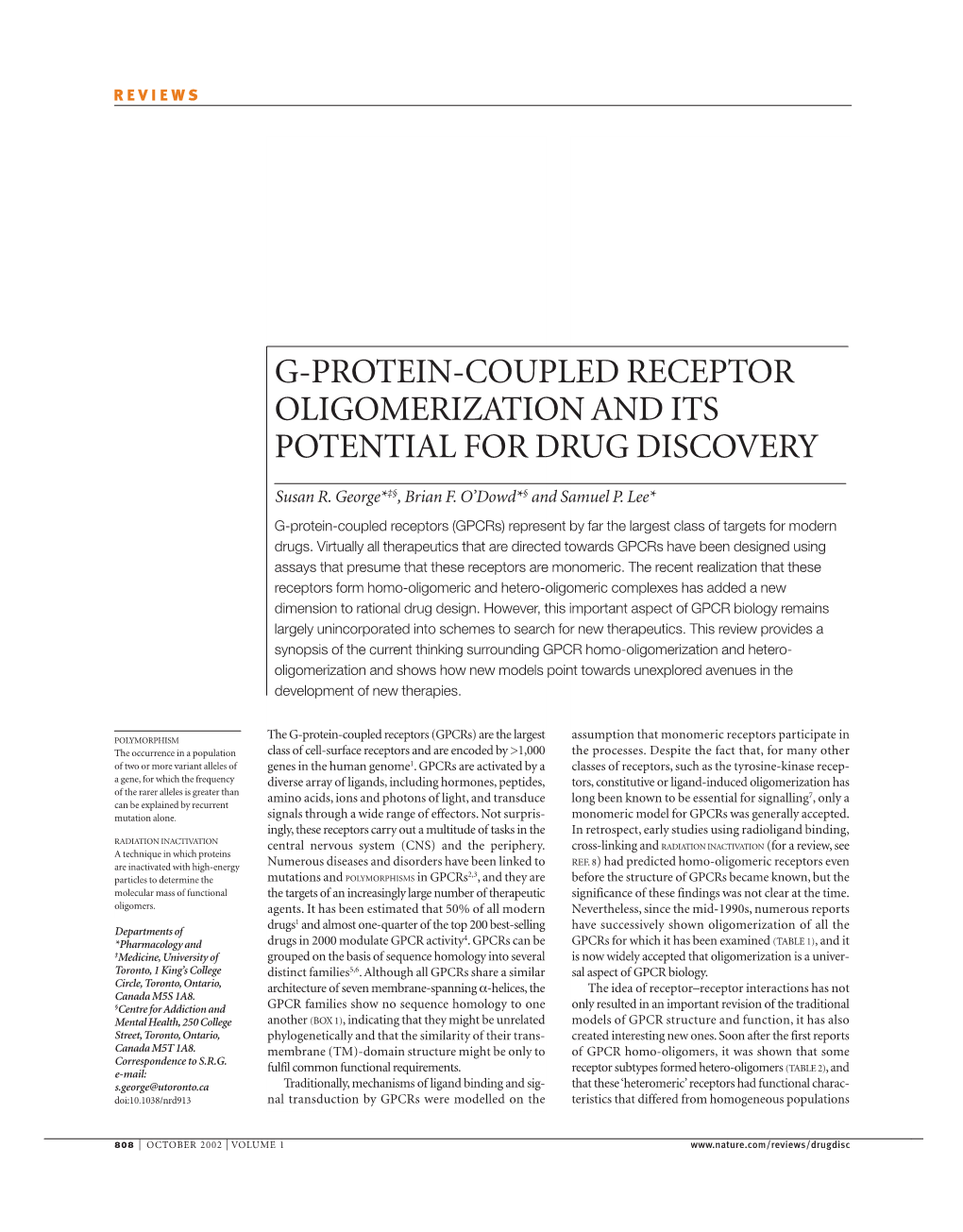 G-Protein-Coupled Receptor Oligomerization and Its Potential for Drug Discovery