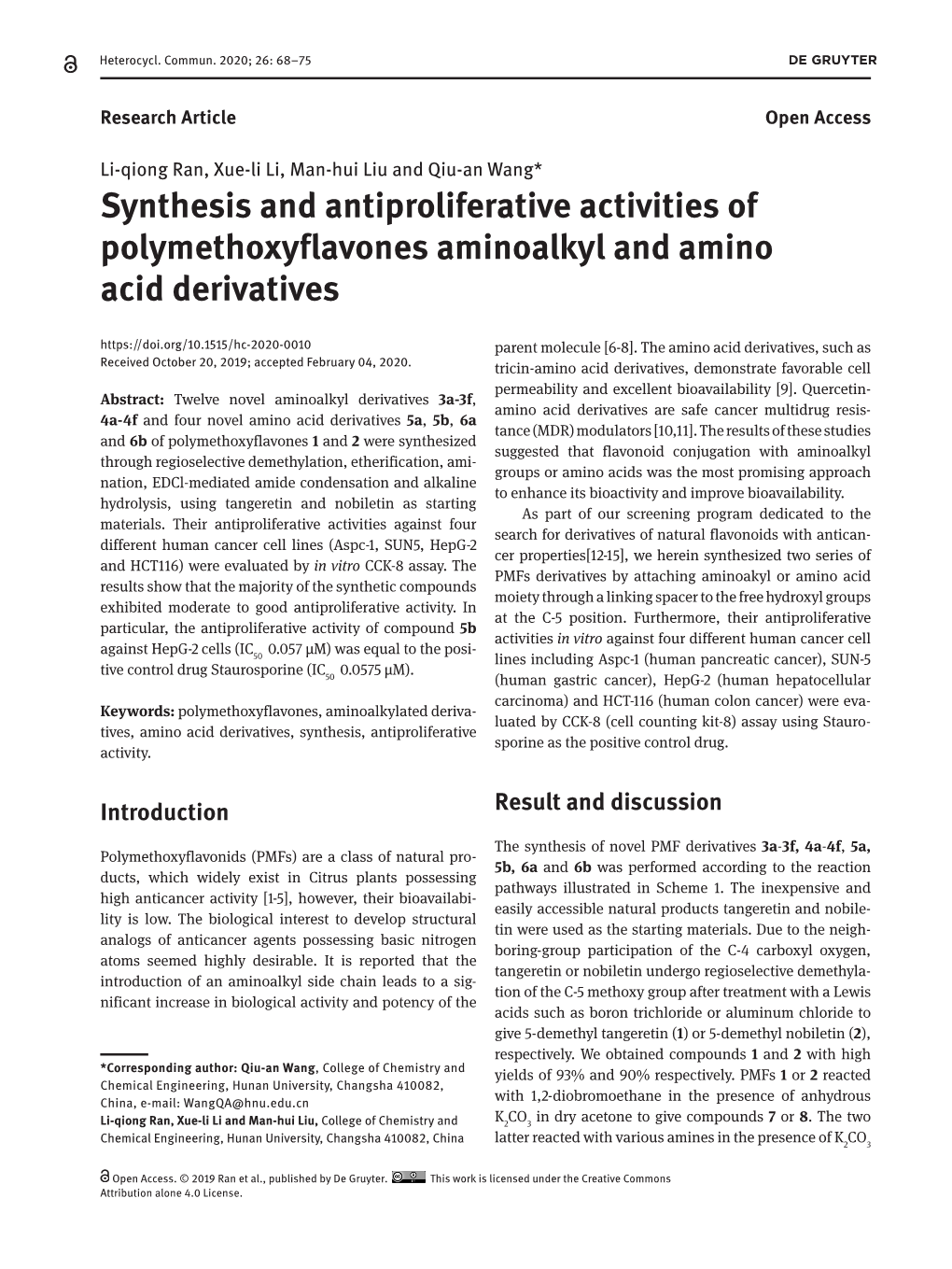 Synthesis and Antiproliferative Activities of Polymethoxyflavones Aminoalkyl and Amino Acid Derivatives Parent Molecule [6-8]